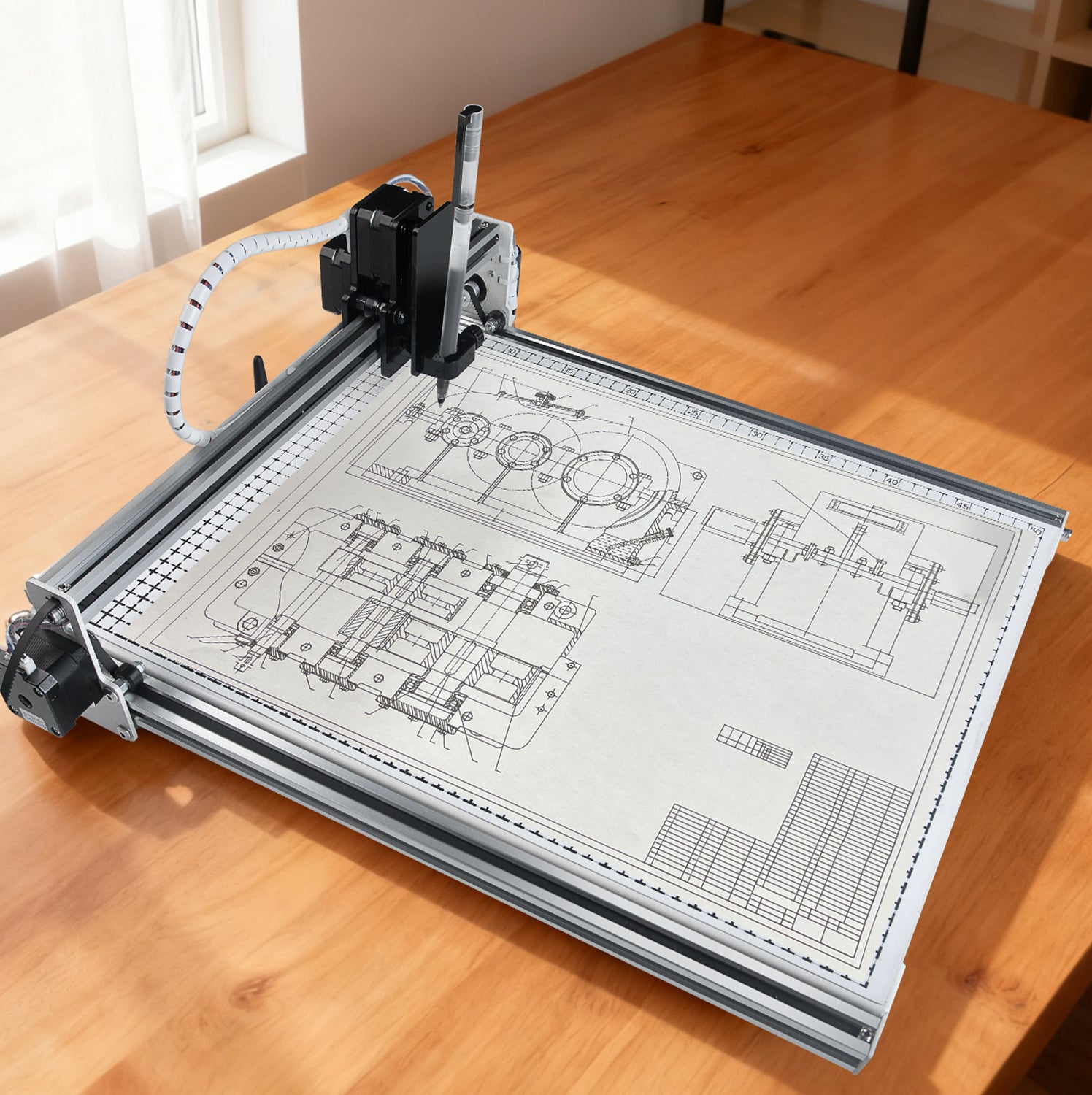 PaxieBot Plotter A3 machine. Drafting table with technical drawings on a wooden surface