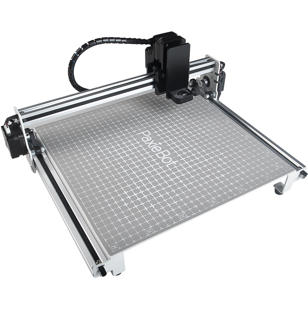 Robotic arm on a grid surface with 'PaxieBot' branding on a white background