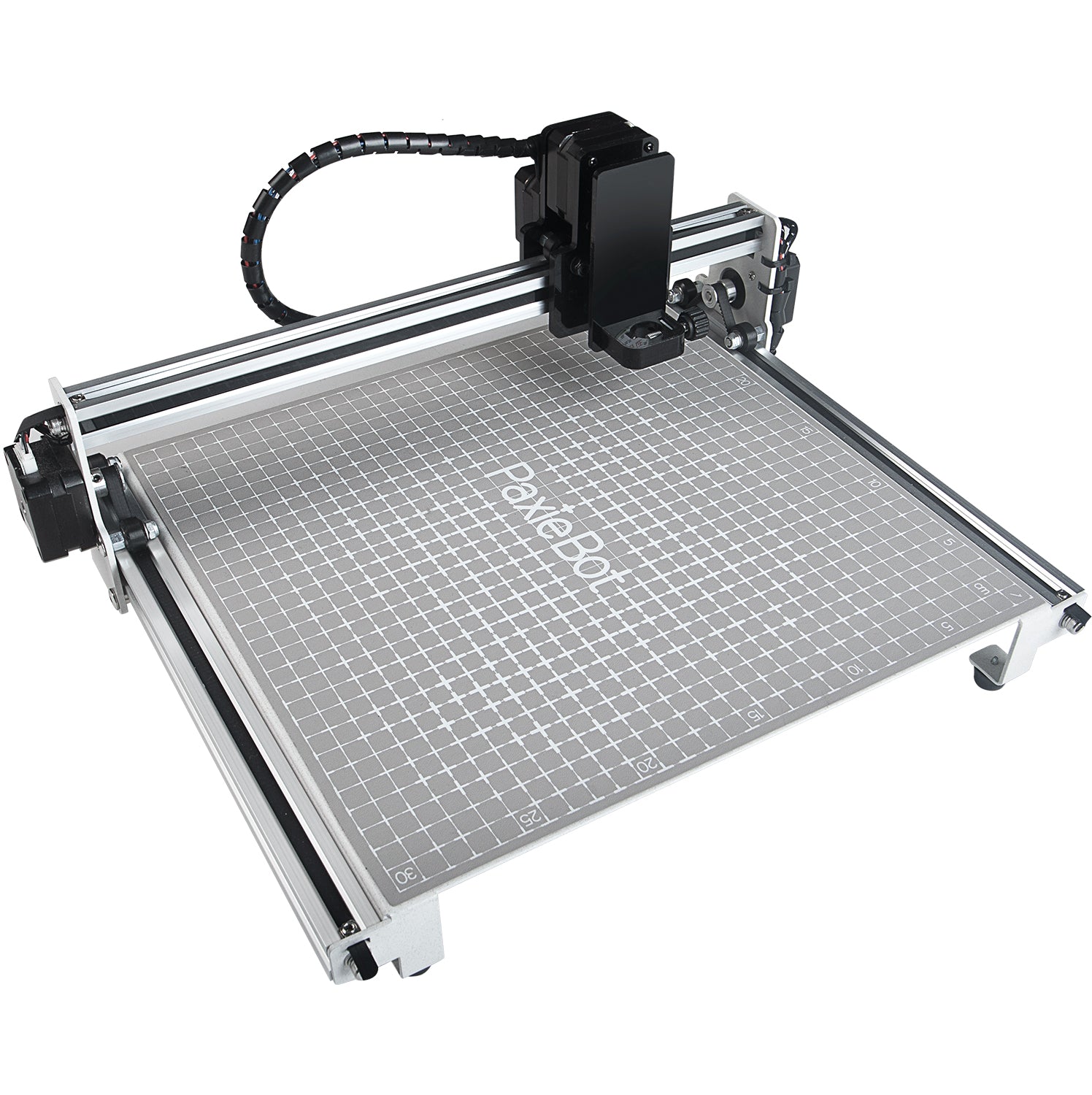Robotic arm on a grid surface with 'PaxieBot' branding on a white background