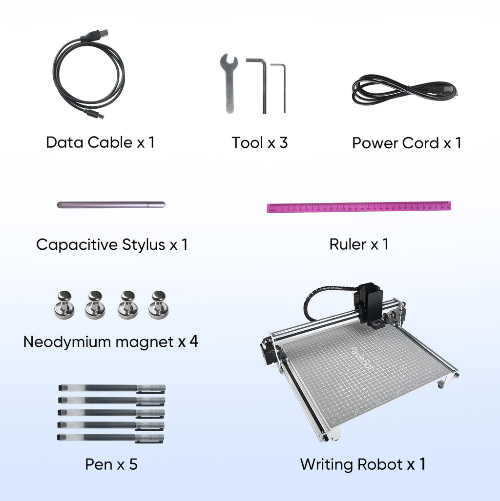 PaxieBot Smart Handwriting Machine. List of items included in a kit with labels on a white background