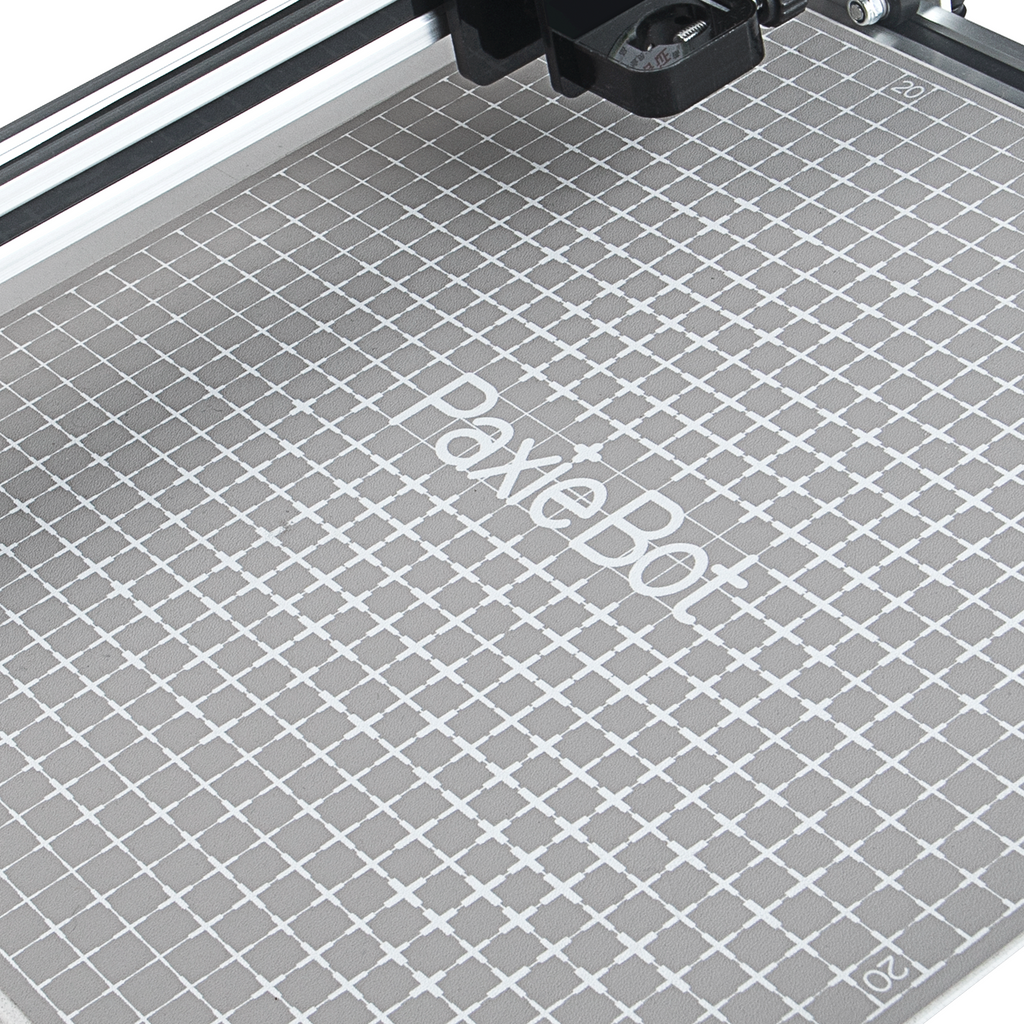 Gray grid surface with 'PaxieBot' branding on a white background